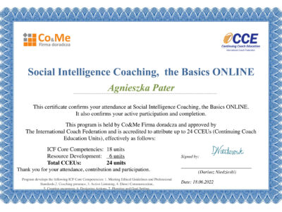 Agnieszka Pater Certyfikat CIS CCE